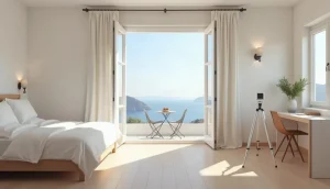 Bright hotel room with sea view balcony and a 3D scanning camera on a tripod