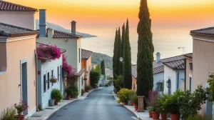 Δρόμος σε χωριό της Κεφαλονιάς με νεοκλασικά σπίτια και θέα στο Ιόνιο