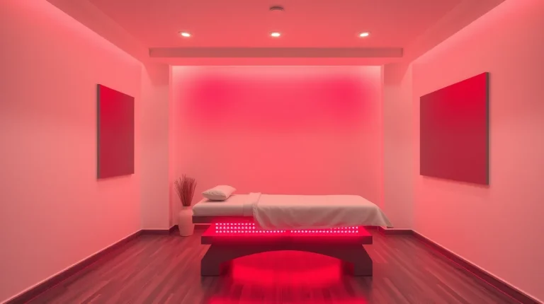 Χώρος θεραπείας με κρεβάτι red light therapy που εκπέμπει κόκκινο φως