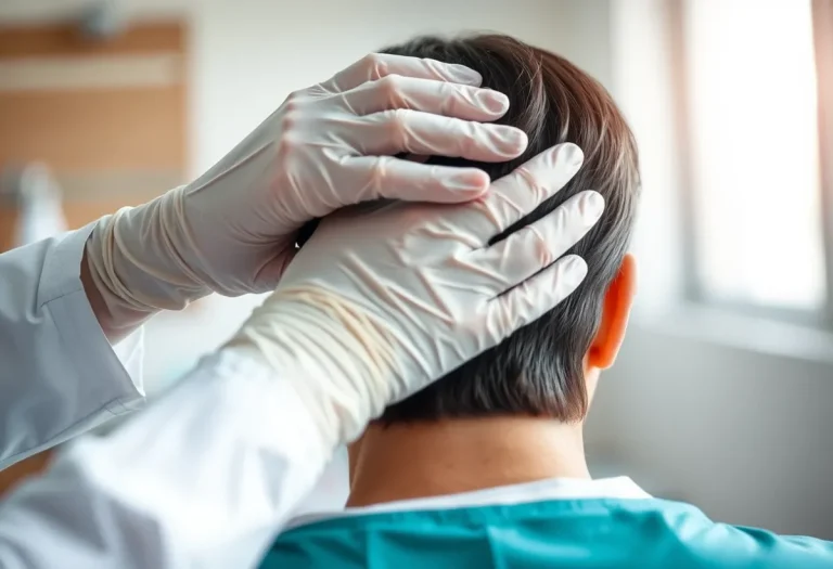 Γιατρός εξετάζει με γάντια ένα εξόγκωμα στο τριχωτό της κεφαλής ασθενούς