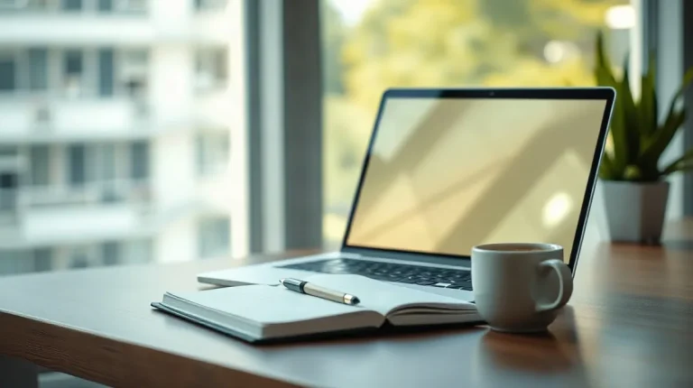 Γραφείο με ανοιχτό laptop, σημειωματάριο και φλιτζάνι καφέ δίπλα στο παράθυρο